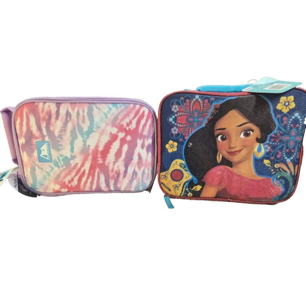 Disney Elena of Avalor & Pink Purple Tie Dye Insulated Lunch Box Lot of 2 NEW
